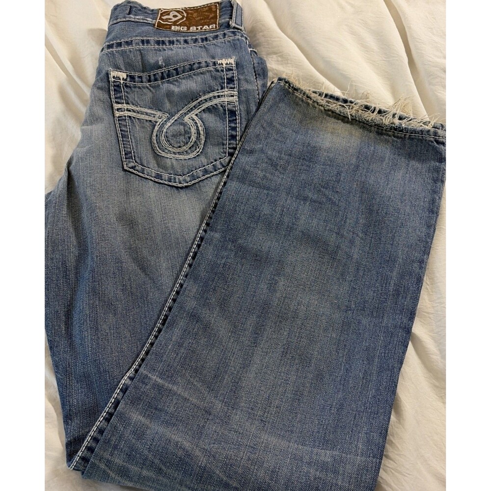BIG STAR Jeans Mens 34x34  Straight Blue Distressed Embroidered Denim Buckle raw